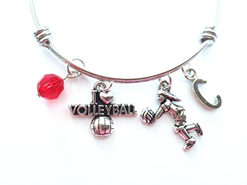 Volleyball themed personalized bangle bracelet. Antique silver charms and a genuine Swarovski birthstone colored element.