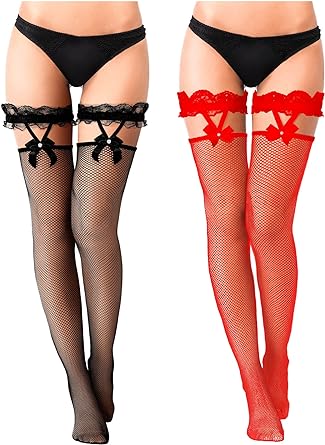 SATINIOR 2 Pairs Lace Top Fishnet Stockings Bow Suspenders Thigh High Stockings Mesh Hold up Stockings for Women