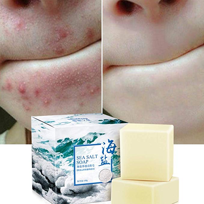 MKYUHP Handmade Sea Salt Soap Goat Milk Cleaner Pimple Pores Removal Acne Treatment Moisturizing Face Care With Soap Bag 100g