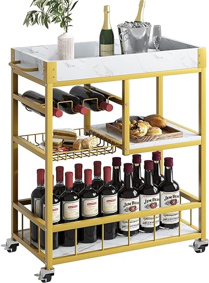 aboxoo Bar Cart 3 Tiers Removable Storage Tray with Wine Rack & Basket Tier,Rolling Beverage Cart,Mobile Bar Serving Cart with Handle, White Marble Wood and Gold Frame Home Kitchen Shelf for Party