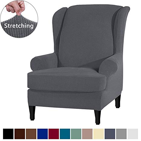 AUJOY Wingback Chair Cover Slipcover Stretch 2-Piece Couch Covers Jacquard Spandex Fabric Wing Back Armchair Sofa Protector with Anti-Slip Foams and Straps (Wing Chair, Dark Gray)