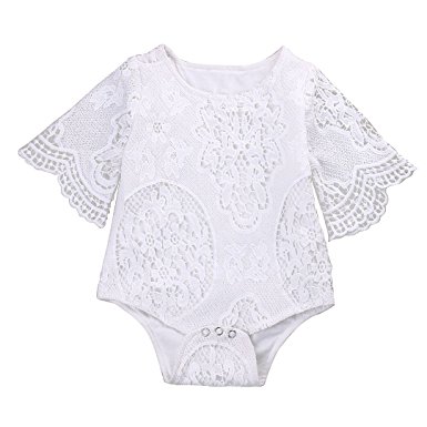 GRNSHTS Infant Baby Girl White Hollow Ruffles Sleeve Lace Romper Sunsuit Bodysuit