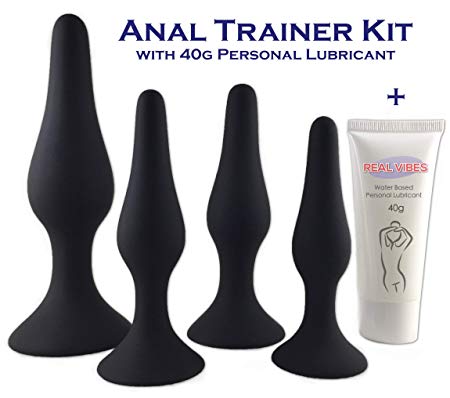 Anal Trainer Kit from Real Vibes - 4 Butt Plugs - Beginner Starter Set - Personal Lubricant - 100% Medical Grade Silicone - Hypoallergenic (Kit with 40g Lube)