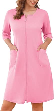 Ekouaer Zip Up Robes for Women Short Waffle Bathrobe Lightweight Knee Length Housecoat with Pockets Nightgown S-3XL