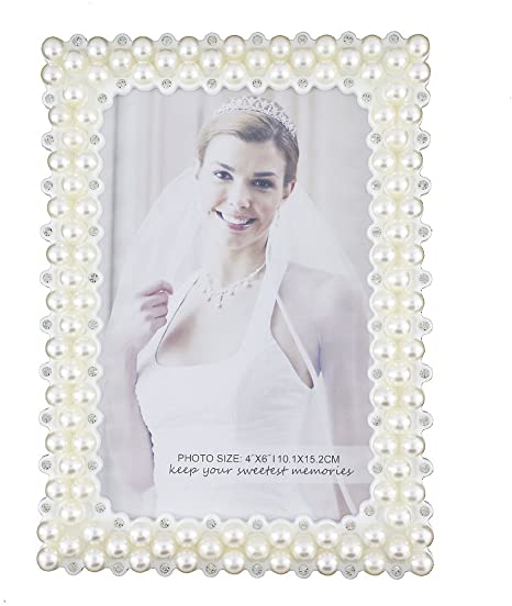White Pearl and Crystal Plastic Picture Frame for Tabletop Display (4x6, Rectangular 3)