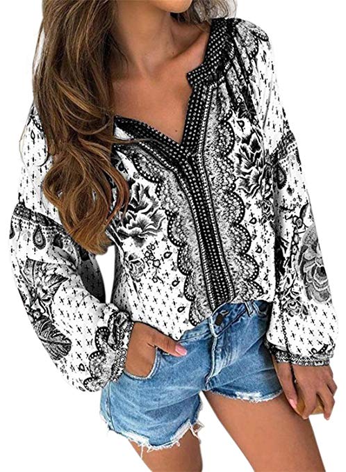 FARYSAYS Women's Casual Boho Floral Print V Neck Long Sleeve Shirts Tops Loose Blouses