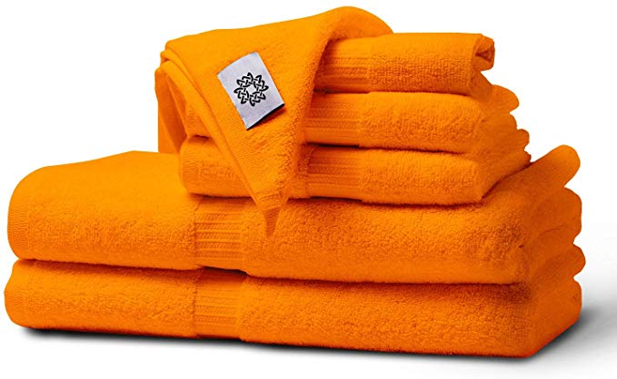 White Spindle - 100% Cotton Towel Collection | Set of 6 | Super Soft & Oeko-TEX Approved | Machine Washable & Absorbent | Perfect for Hotel/Motels | Made in India - Light Peach Orange
