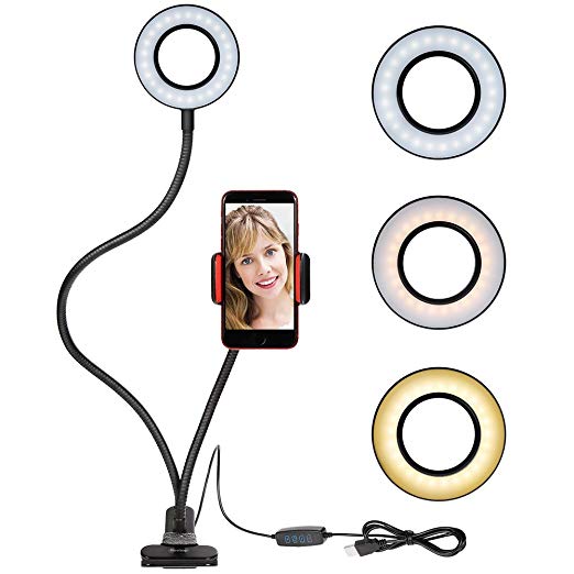 Selfie Ring Light with Cellphone Holder - Rovtop Ring Light Stand for Live Stream and Makeup, 48 LED Bulbs 3 Light Modes 10-Level Brightness and 360 Rotating for iPhone and Android Cell Phone, Black