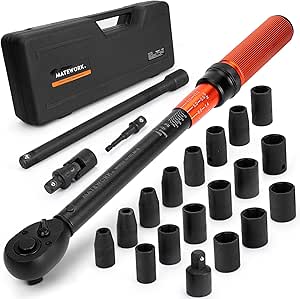 1/2-Inch Drive Torque Wrench Set 22PCS, 10-160FT.LB/10-227Nm, Click Torque Wrench Socket Set, 72-Tooth Dual-direction, ±3% Precision Adjustable Torque Wrench for Lug Nut, Bicycle, Moto, Car