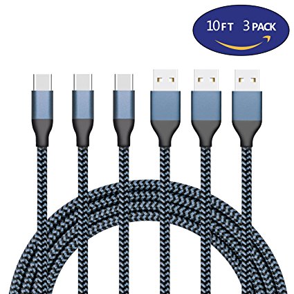 USB Type C Cable, VOMELON Nylon Braided Fast Charging Cable 3 Pack 10FT USB C Cable Charger Cord For Galaxy S8, S8 , Macbook, Nintendo Switch, SONY XZ, LG V20 G5 G6, Xiaomi 5 And More-Black Gray