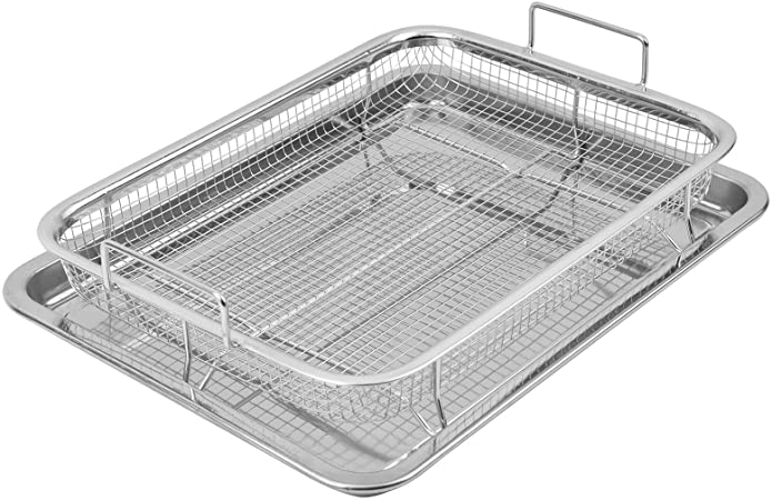 Eyourlife 2 Piece Stainless Steel Crisper Tray and Basket 13 x 8.6 Inch, Oven Air Fryer Pan Mesh Basket Set, Crisper Oven Tray for French Fry/Frozen Food