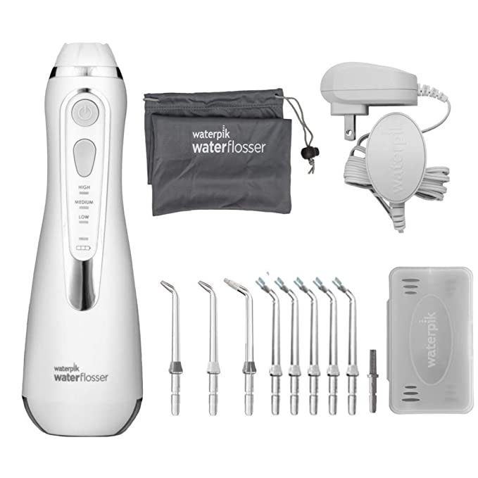 Waterpik Cordless Advanced Water Flosser Kit. 1 Cordless Advanced Water Flosser, WP-560, 4 Pack Plaque Seeker Water Flosser Tip Replacements. Rapid Charging & Waterproof.