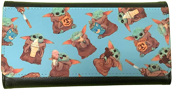 Baby Yoda Snacking - Tri Fold Wallet - Woman -Black - Faux Leather - Button Snap