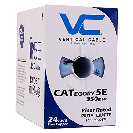 Vertical Cable Cat5e, 350 MHz, UTP, 24AWG, 8C Solid Bare Copper, 1000ft, Black, Bulk Ethernet Cable - 054 Series