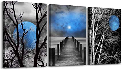 Wall Art Canvas Decor Black and White Tree Blue Moon Landscape Canvas Wall Art Canvas Printings Wall Art for Home Decor Living Room Bedroom Kitchen Perfect 3 Panels Wall Decorations Artwork