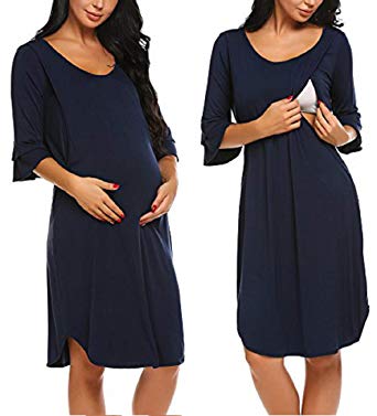Ekouaer Mom Maternity Nursing Breastfeeding Nightgown Dress Short Sleeve Sleepwear