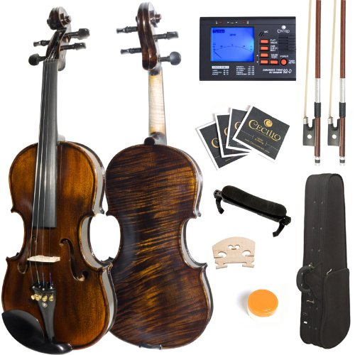 Mendini 4/4 MV500 Ebony Fitted Flamed One-Piece Solid Wood Violin with Hard Case, Shoulder Rest, 2-Bows, Rosin, Extra Bridge and Strings (Full Size)