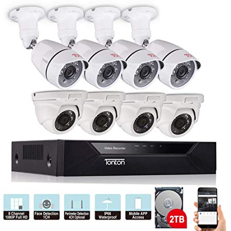 Tonton 8CH Full HD 1080P CCTV Security Surveillance System, 5-in-1 DVR with 1TB HDD and 8× 2.0MP Waterproof Outdoor Indoor Bullet Dome Camera with Face Detection,Perimeter Protection, Night Vision