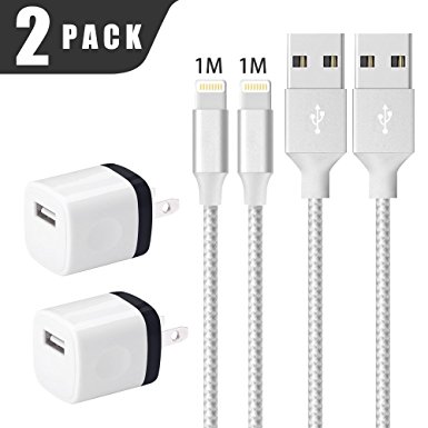 iPowerdirect 2 Pack Wall Adapter Charger 2X 3.3ft 8 Pin Charger Cable For iPhone X iPhone 8 8 Plus 7 7Plus 6 6S Plus 5S 5C 5 iPod Touch 5th Nano 7 (SILVER)