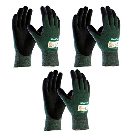 3 Pack MaxiFlex Cut 34-8743 Cut Resistant Nitrile Coated Work Gloves with Green Knit Shell and Premium Nitrile Coated Micro-Foam Grip on Palm & Fingers. Sizes S-XL (Large)