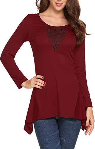 Beyove Women's O Neck Long Sleeve Floral Lace Irregular Hem Tunic Top T Shirt Blouse