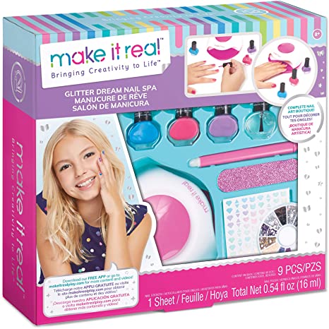 Make It Real – Glitter Dream Nail Spa - Nail Art Kit for Kids with Nail Polish, Nail Dryer, Stickers - DIY Manicure & Pedicure Set