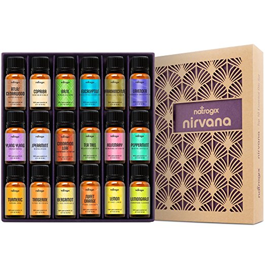 Natrogix Nirvana Essential Oils - Top 18 Essential Oils Set 100% Pure Therapeutic Grade 18/10ml Incl. Lavender, Moroccan Rosemary, Tea Tree, Eucalyptus, Lemongrass and 13 More w/ Free E-Book