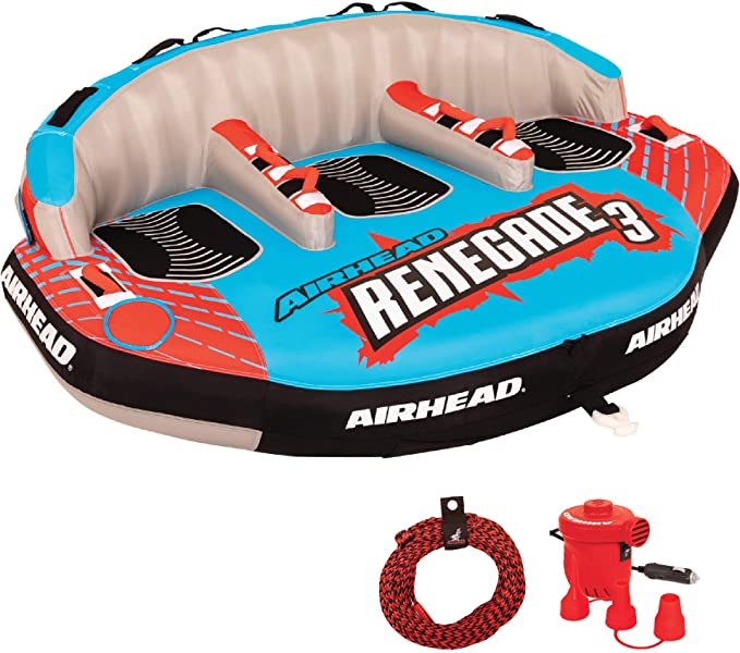 Airhead AHRE-503 Renegade Big 3 Person Inflatable Towable Water Tube Seat Rider Boating Tubing Kit with Boat Pull Rope and Pump for Kids and Adults