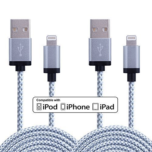 Amoner 2 Pack 10ft White Extra Long Nylon Braided USB Charging Cable Cord For iPhone 5 5C 5S iphone6s 6s 6Plus 6 iPad Air Mini  Mini2 iPad 4 iPod 5and iPod 7 iOS91 Year WarrantyWhite