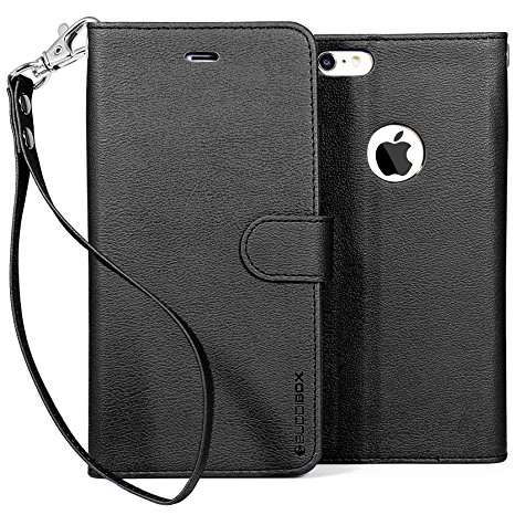 iPhone 6 Case, BUDDIBOX [Wrist Strap] Premium PU Leather Wallet Case with [Kickstand] Card Holder and ID Slot for Apple iPhone 6, (Black)