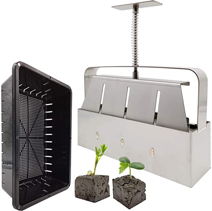rnairni Manual Quad Soil Blocker & 10" x 7" Plant Growing Trays, Soil Blocking Tool Create 2" Soil Block for Seedlings Greenhouse