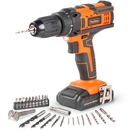 VonHaus Cordless 18V Drill Driver with 1500mAh Li-ion Battery, Charger, 26pc Drill Bit Set - 35Nm Torque with LED Work Light Two Speed Transmission & Forward/Reverse Functionality