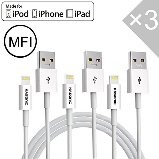 [Apple MFI Certified] Kasonic MFI Certified Lightning to USB Cable 3ft / 1m 8-pin Lightning Sync & Charge USB Cable Made for Iphone 6 Plus, Iphone 6, Iphone 5s, Iphone 5c, Iphone 5 ,Ipad Air 2, Ipad Mini 3, Ipad Air, Ipad Mini 2, Ipad Mini,ipod Touch(5th Generation), Ipod Nano (7th Generation) (3 Pack)
