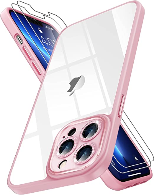 Gospire Clear Glitter Case Designed for iPhone 14 Pro 6.1 Inch, with 2PCS Tempered Glass Screen Protectors [Shiny Bling Sparkle Camera Lens] [Non-Yellowing] TPU Slim Cover for Women Girls (2022) Pink