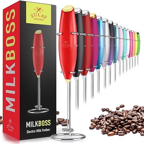 Zulay Powerful Milk Frother Handheld Foam Maker for Lattes - Whisk Drink Mixer for Coffee, Mini Foamer for Cappuccino, Frappe, Matcha, Hot Chocolate by Milk Boss (Red/Lime)