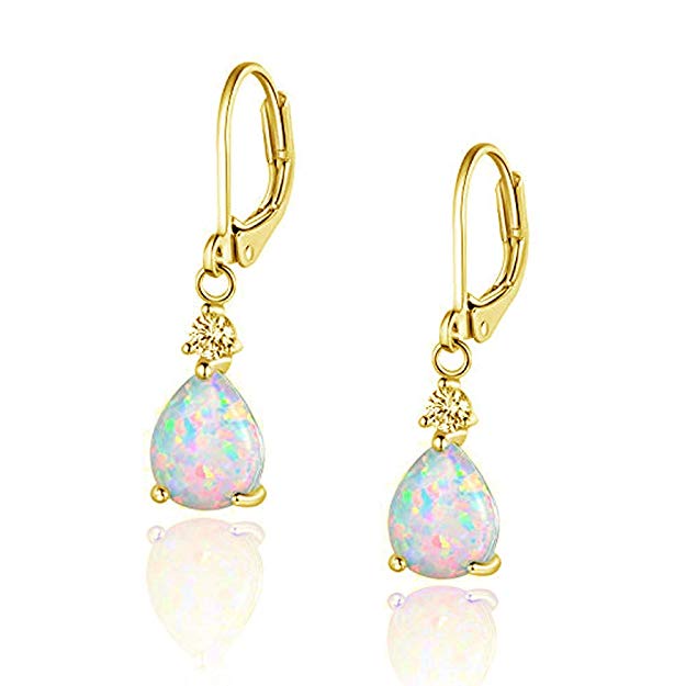 CiNily 18K White Gold/Rose Gold Plated Teardrop White Blue Opal Dangle Earrings For Women Gemstone Leverback Drop Earrings