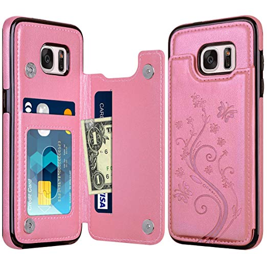 HianDier Wallet Case for Galaxy S7 Edge, Slim Protective Case with Credit Card Slot Holder Flip Folio Soft PU Leather Magnetic Closure Cover Case Compatible with Samsung Galaxy S7 Edge, Pink