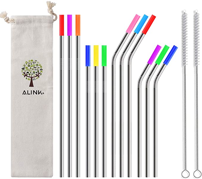 ALINK 12-Pack Stainless Steel Metal Straws with Silicone Tips, Long Reusable Drinking Straws for 20oz/ 30oz Yeti/Rtic Tumblers, Starbucks, Tervis with 2 Cleaning Brush and Carrying Case