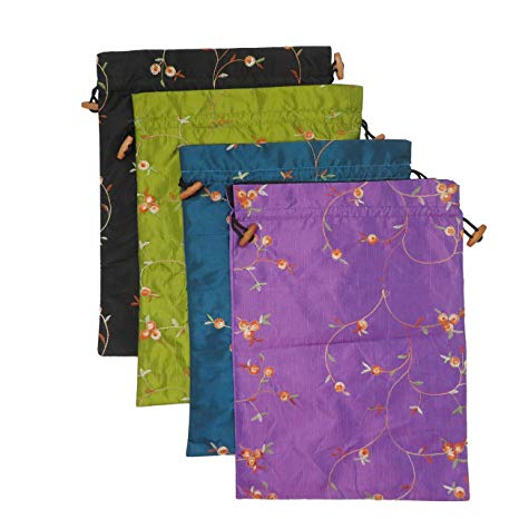 DODOGA 4pcs Embroidered Silk Flower Design Jacquard Travel Bag, Lingerie Bags Underwear Bags Laundry Bags Shoe Bags for Travel Storage for Men Women Washable Cloth Shoe Bags