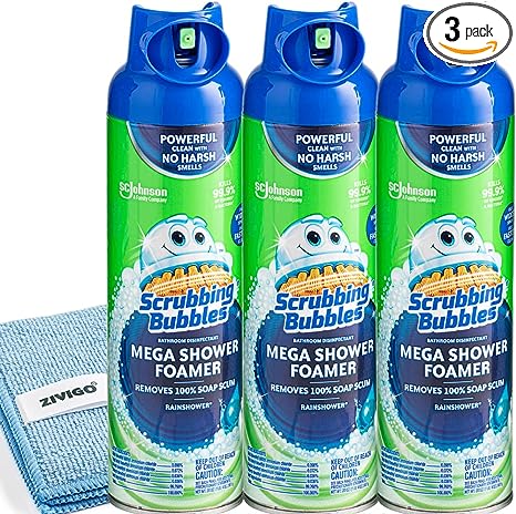 Scrubbing Bubbles Mega Shower Foamer With Ultra Cling Bathroom Cleaner 20 Ounce (Pack of 3) BONUS Microfiber cleaning cloth