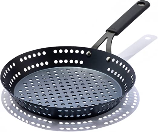 OXO Obsidian Pre-Seasoned Carbon Steel, 12" Frying Pan Skillet with Holes for Grilling with Removable Silicone Handle Holder, Induction, Oven Safe, Black