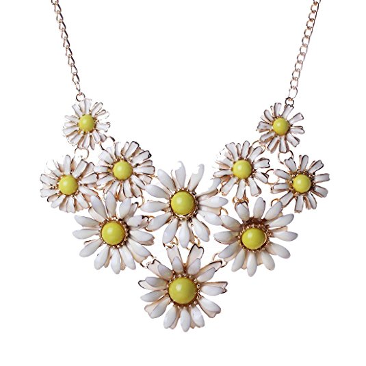 White Daisy Flower Cluster Bib Pendant Golden Chain Choker V Collar Necklace