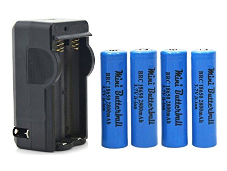 4Pcs 18650 2800mAh Li-ion Rechargeable Battery, Mini Butterball 3.7V Li-ion Batteries with Charger for Flashlight Headlamp