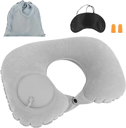 WOVTE Travel Pillow, Inflatable Travel Pillow 4rd Gen Ergonomic Neck&Head Support Pillow with Carry Bag, Portable Ideal for Office Napping Flying Train Car Camping Journeys (Grey(Press Automatic))