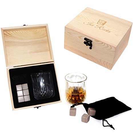 Whiskey stones gift set - Elegant Tumbler Glass with 6 Ice Rocks, Perfect Whiskey Gifts for Men and Women, comes in a Nice Wooden Gift Box, Whisky Chilling Rocks for your Scotch