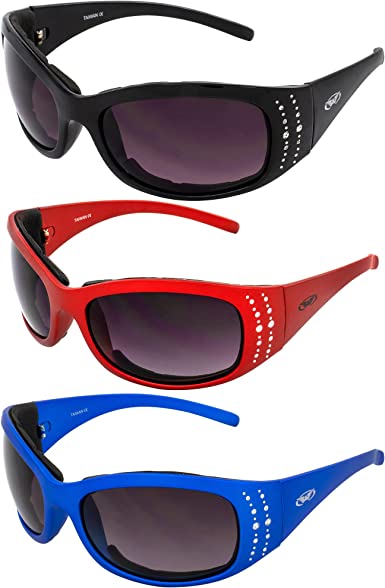 3 Pairs of Global Vision Marilyn-2 Plus Women's Motorcycle Sunglass Bling Black Red & Blue Frames with Smoke Lenses