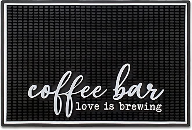 New Mungo Coffee Bar Mat - Coffee Bar Accessories for Coffee Station, Coffee Accessories, Coffee Bar Decor, Coffee Decor - Love Is Brewing Coffee Maker Mat for Countertops - Rubber Mat - 18”x12”