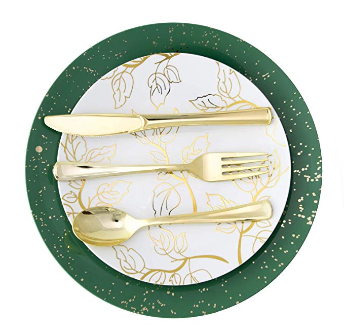 Trendables 100 Pack Disposable Dinnerware & Cutlery Combo - Holiday Design Plastic Plates Set Includes: 20 10.25 in. Large Dinner Plates   20 8" Dessert Plates   20 Pcs of Gold Forks Knives and Spoons