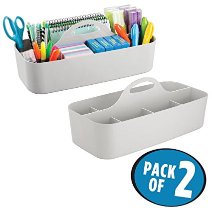 mDesign Large Office Caddy Storage Container & Organizer Tote with built-in Handle for Gel Pens, Pencils, Markers, Erasers, Staplers - Pack of 2, Light Gray