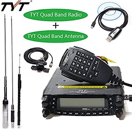 TYT TH-9800 Plus 50W 809CH Quad Band Dual Display Repeater Car Mobile Radio  Original Quad Band Antenna & TYT Programming Cable   RB400 Car Clip Edge with Teflon 5M Cable